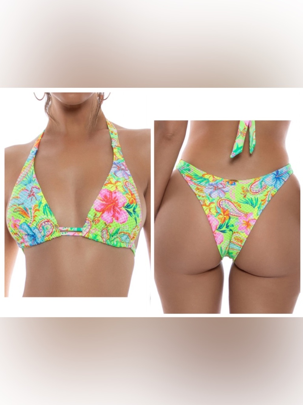 NWOT Luli Fama HIBISCUS DREAM Set 🌺Triangle Halter Top/High Leg Brazilian Bottom